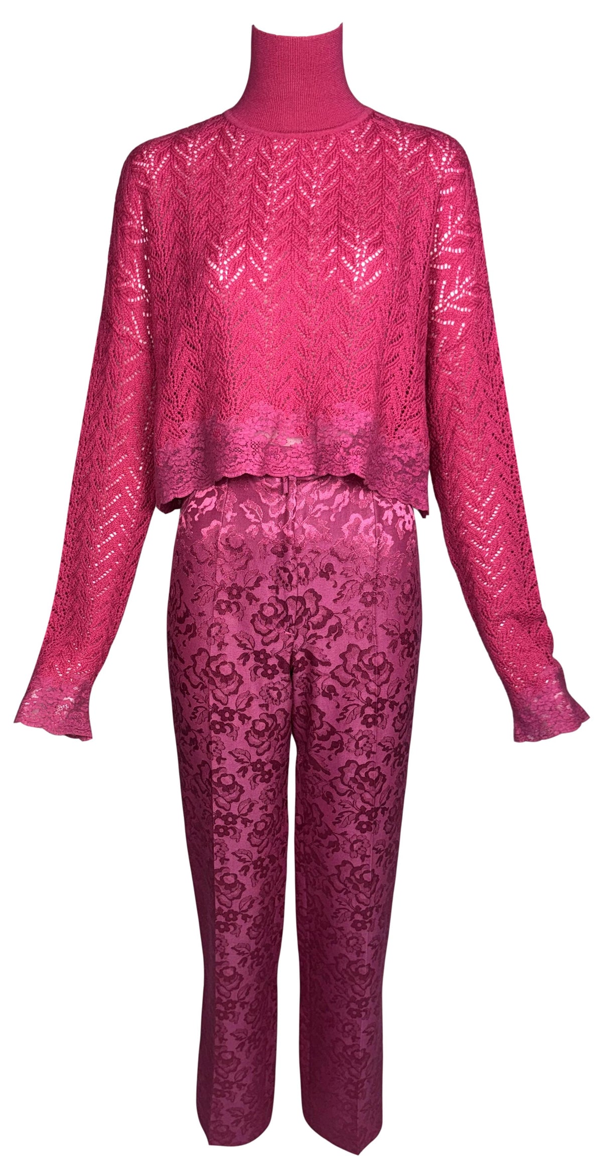 F/W 1998 Christian Dior x John Galliano Pink Knit Cropped Lace Trim Sweater & High Rise Pin-Up Brocade Classic Pencil Pants Set