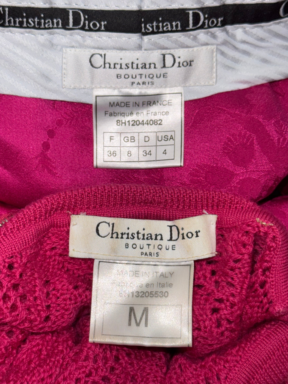 F/W 1998 Christian Dior x John Galliano Pink Knit Cropped Lace Trim Sweater & High Rise Pin-Up Brocade Classic Pencil Pants Set