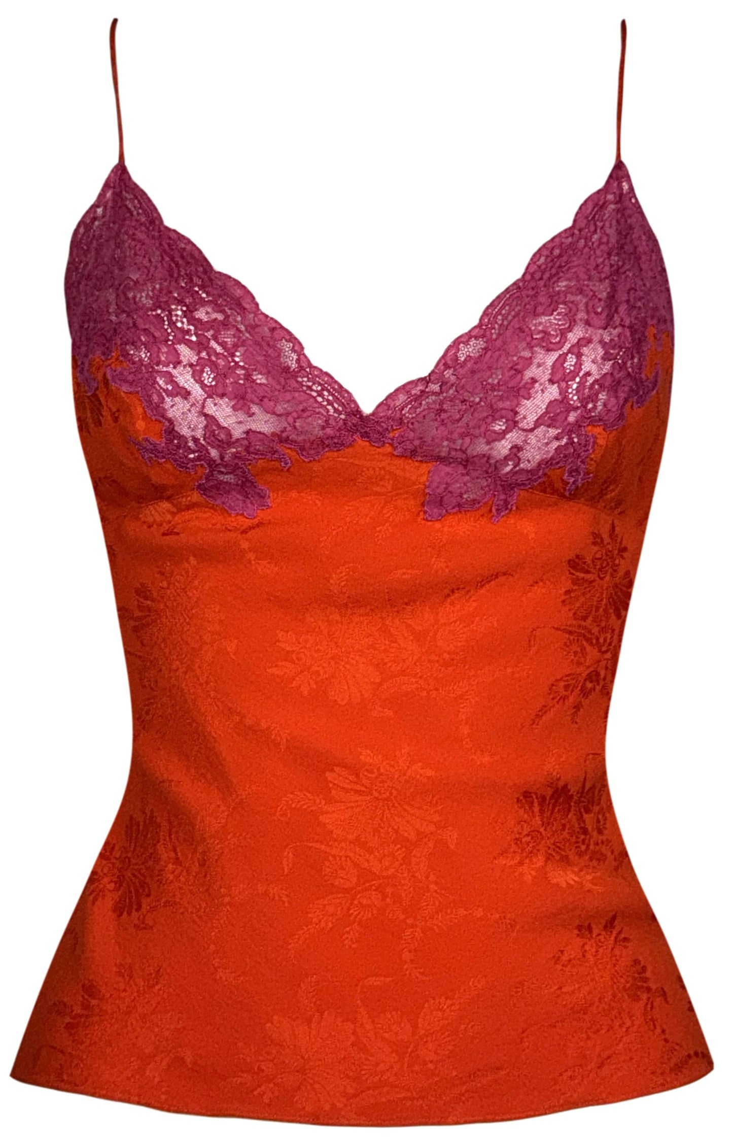 F/W 1998 Christian Dior by John Galliano Red Silk & Hot Pink Lace Sheer Chest Cami Tank Top