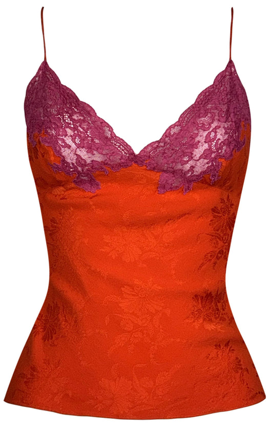 F/W 1998 Christian Dior by John Galliano Red Silk & Hot Pink Lace Sheer Chest Cami Tank Top