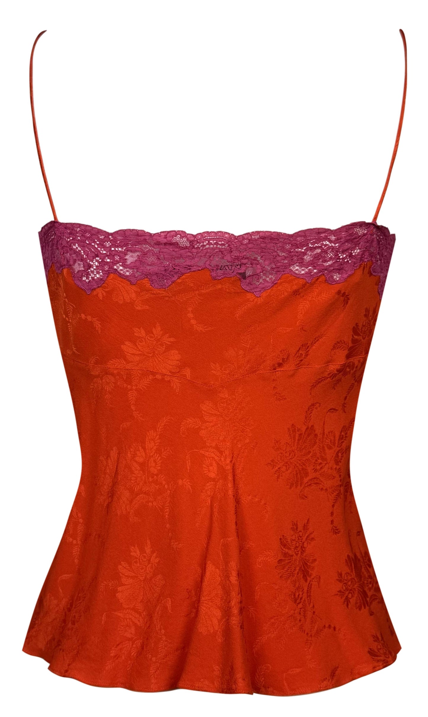 F/W 1998 Christian Dior by John Galliano Red Silk & Hot Pink Lace Sheer Chest Cami Tank Top