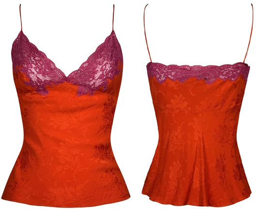 F/W 1998 Christian Dior by John Galliano Red Silk & Hot Pink Lace Sheer Chest Cami Tank Top