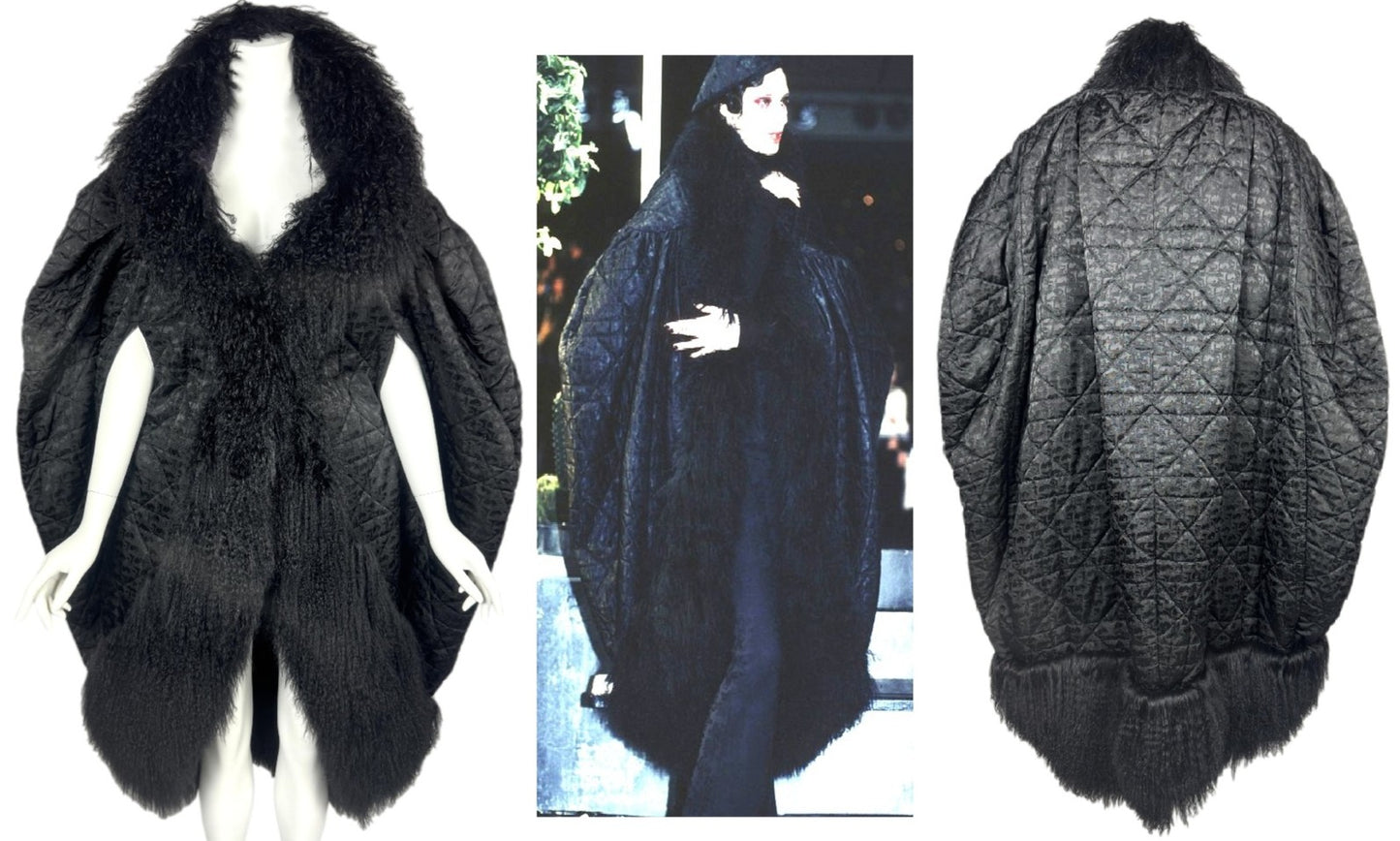 F/W 1998 Christian Dior x John Galliano Runway Black Logo Monogram 1920's Flapper Style Cocoon Coat Jacket w Curly Lamb Fur