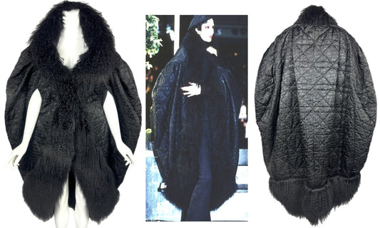 F/W 1998 Christian Dior x John Galliano Runway Black Logo Monogram 1920's Flapper Style Cocoon Coat Jacket w Curly Lamb Fur