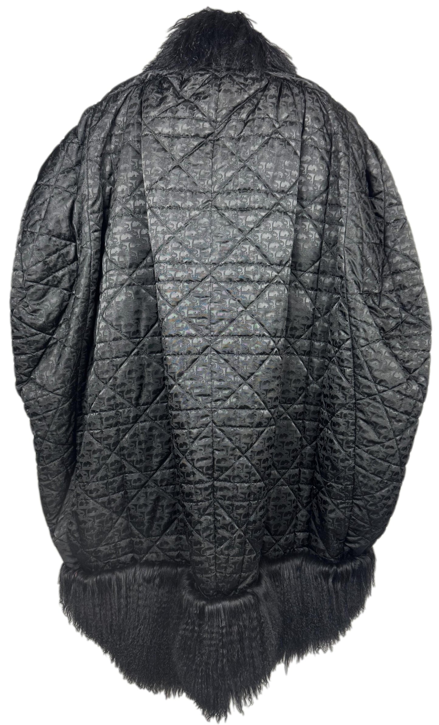 F/W 1998 Christian Dior x John Galliano Runway Black Logo Monogram 1920's Flapper Style Cocoon Coat Jacket w Curly Lamb Fur