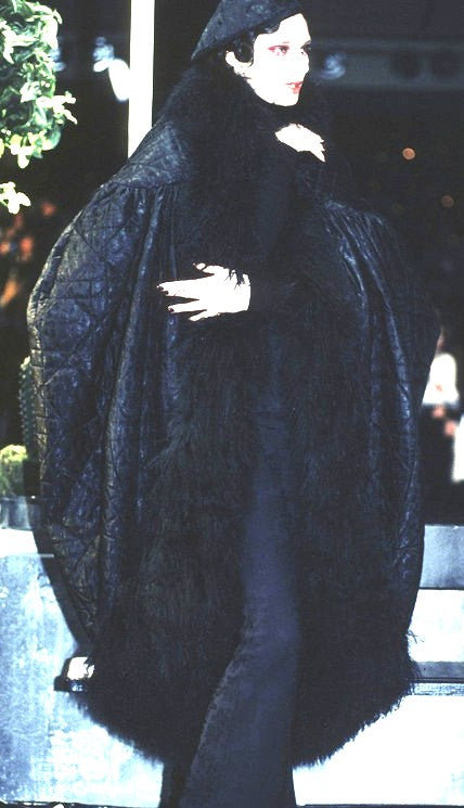 F/W 1998 Christian Dior x John Galliano Runway Black Logo Monogram 1920's Flapper Style Cocoon Coat Jacket w Curly Lamb Fur