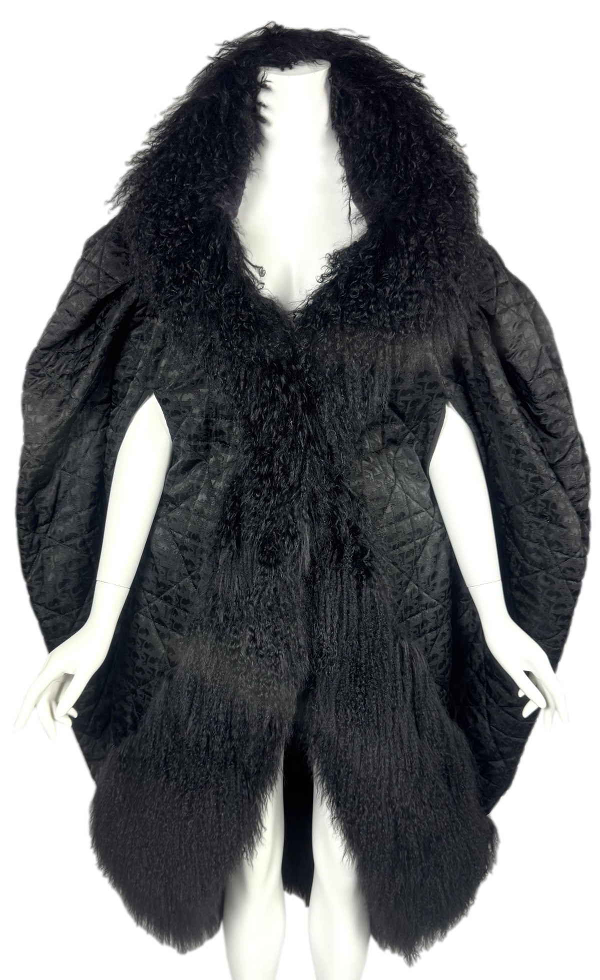 F/W 1998 Christian Dior x John Galliano Runway Black Logo Monogram 1920's Flapper Style Cocoon Coat Jacket w Curly Lamb Fur