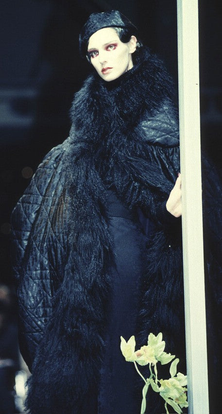 F/W 1998 Christian Dior x John Galliano Runway Black Logo Monogram 1920's Flapper Style Cocoon Coat Jacket w Curly Lamb Fur