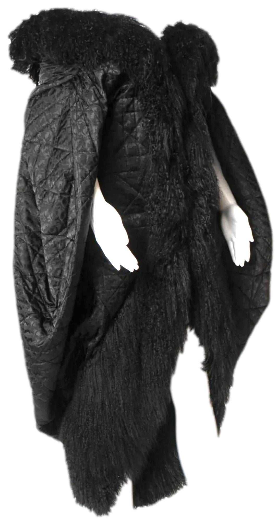 F/W 1998 Christian Dior x John Galliano Runway Black Logo Monogram 1920's Flapper Style Cocoon Coat Jacket w Curly Lamb Fur