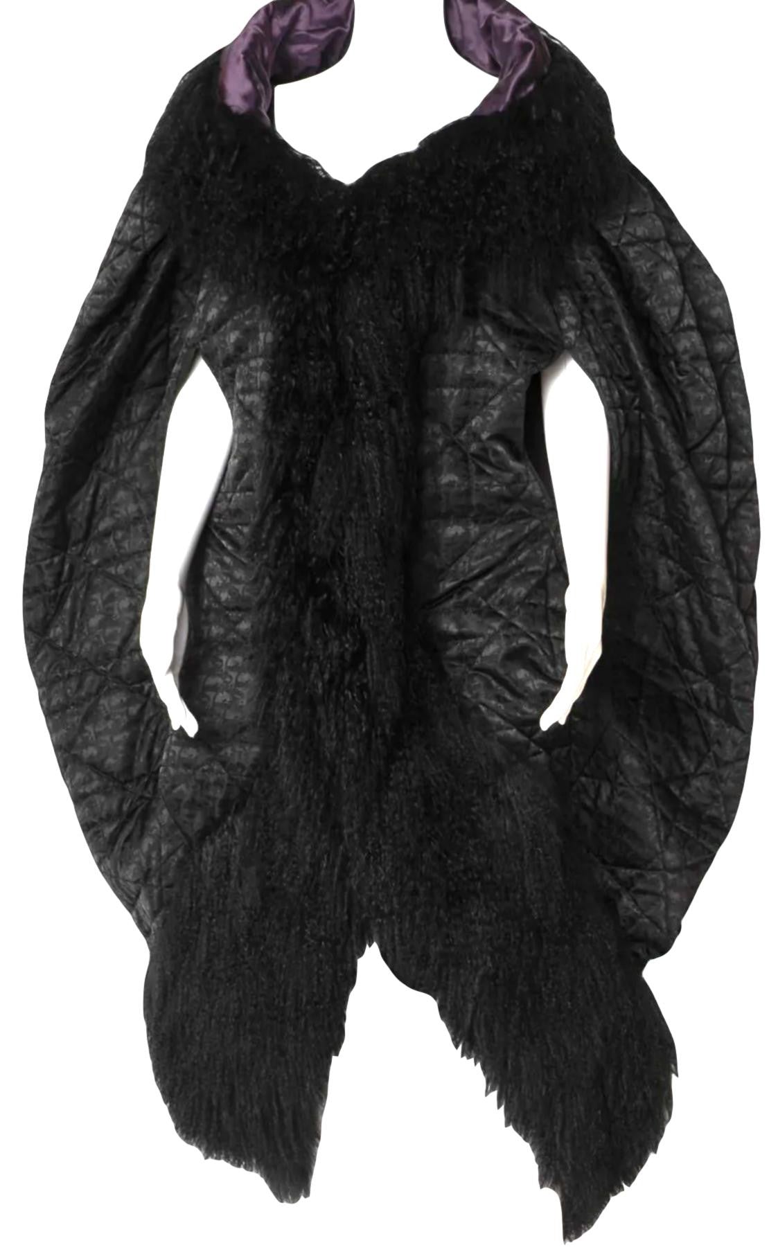 F/W 1998 Christian Dior x John Galliano Runway Black Logo Monogram 1920's Flapper Style Cocoon Coat Jacket w Curly Lamb Fur