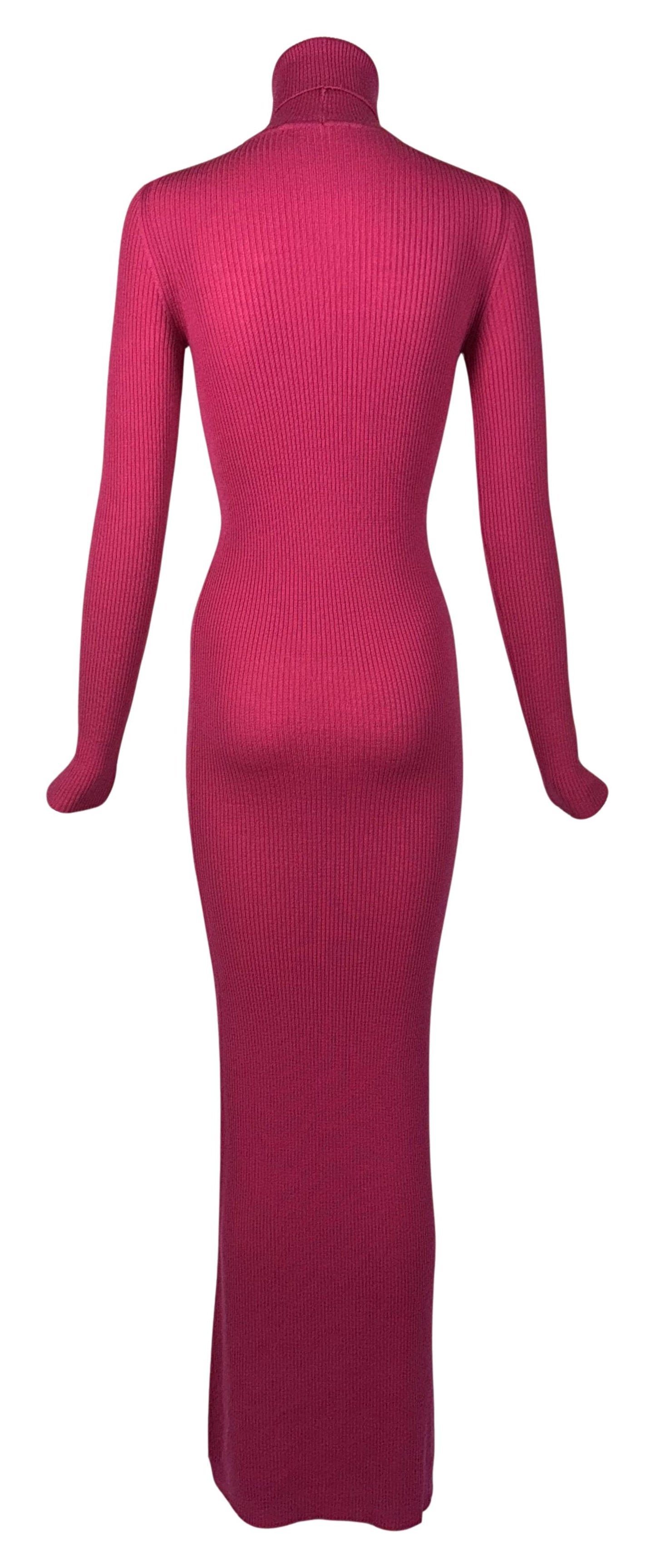 F/W 1998 Christian Dior by John Galliano Runway Hot Pink Knit Turtleneck Bodycon L/S Maxi Dress