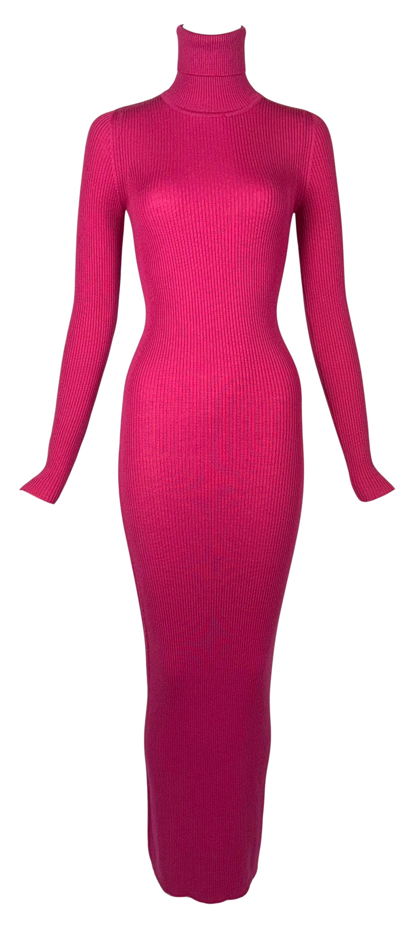 F/W 1998 Christian Dior by John Galliano Runway Hot Pink Knit Turtleneck Bodycon L/S Maxi Dress