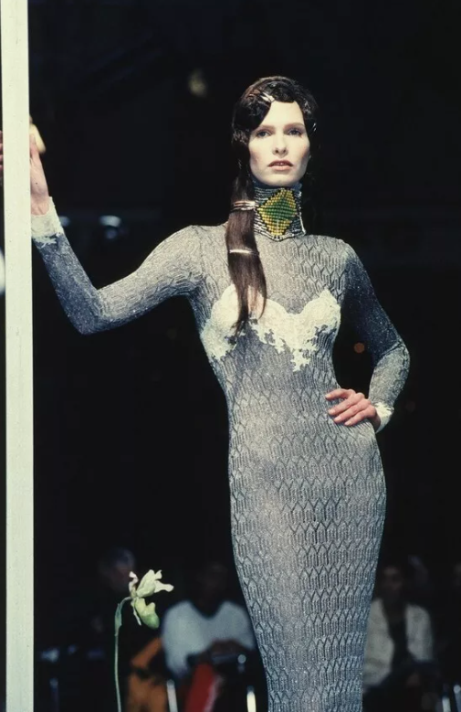 F/W 1998 Christian Dior by John Galliano Runway Silver Knit & Lace L/S Mermaid Maxi Dress