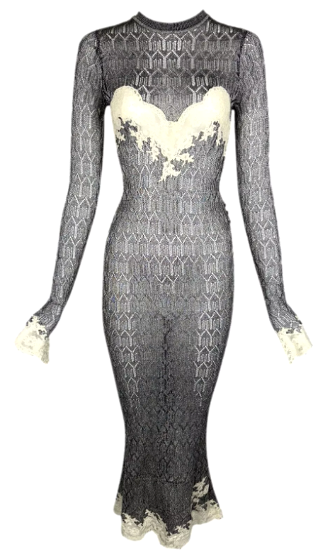 F/W 1998 Christian Dior by John Galliano Runway Silver Knit & Lace L/S Mermaid Maxi Dress
