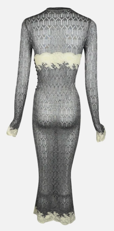 F/W 1998 Christian Dior by John Galliano Runway Silver Knit & Lace L/S Mermaid Maxi Dress