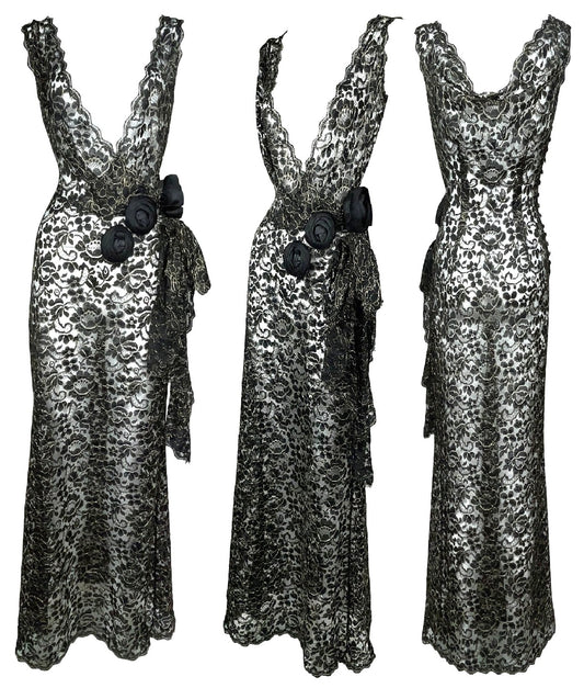 1998 Christian Dior by John Galliano Sheer Black & Gold Lace Plunging Old Hollywood Maxi Dress