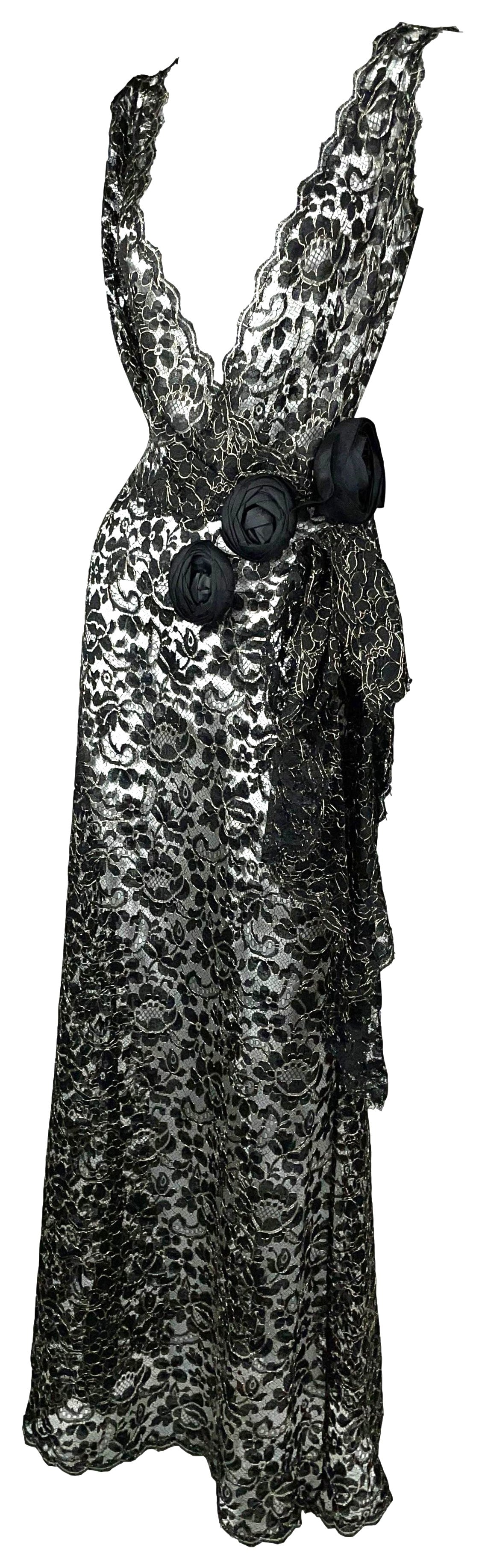 1998 Christian Dior by John Galliano Sheer Black & Gold Lace Plunging Old Hollywood Maxi Dress