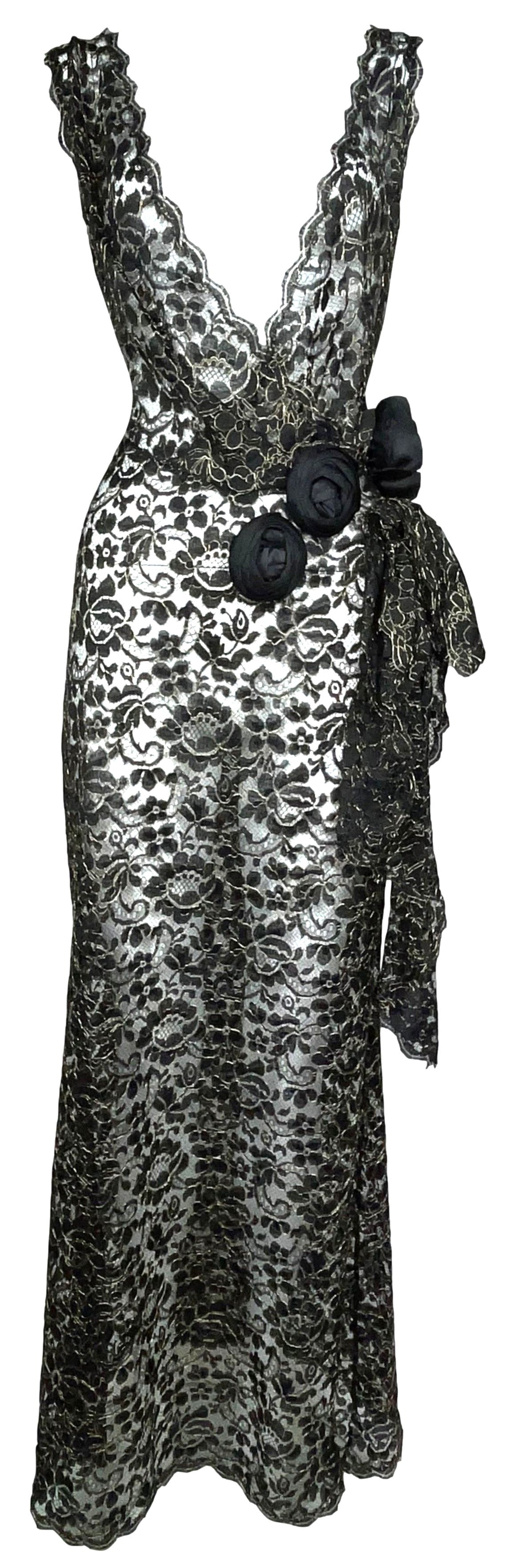 1998 Christian Dior by John Galliano Sheer Black & Gold Lace Plunging Old Hollywood Maxi Dress