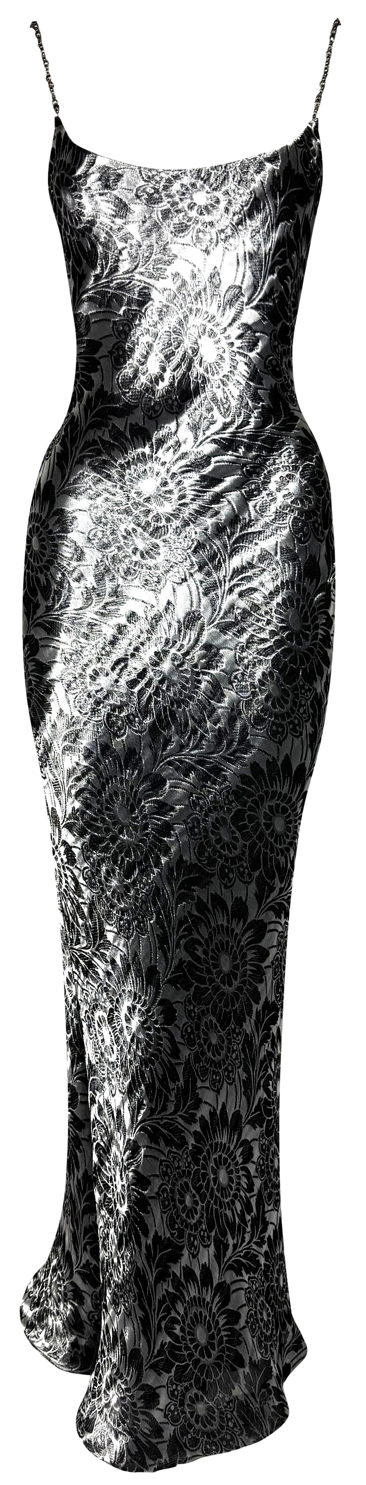 F/W 1998 Christian Dior by John Galliano Silver Lamé Bias Cut Beaded Necklace Straps Mermaid Maxi Dress Gown