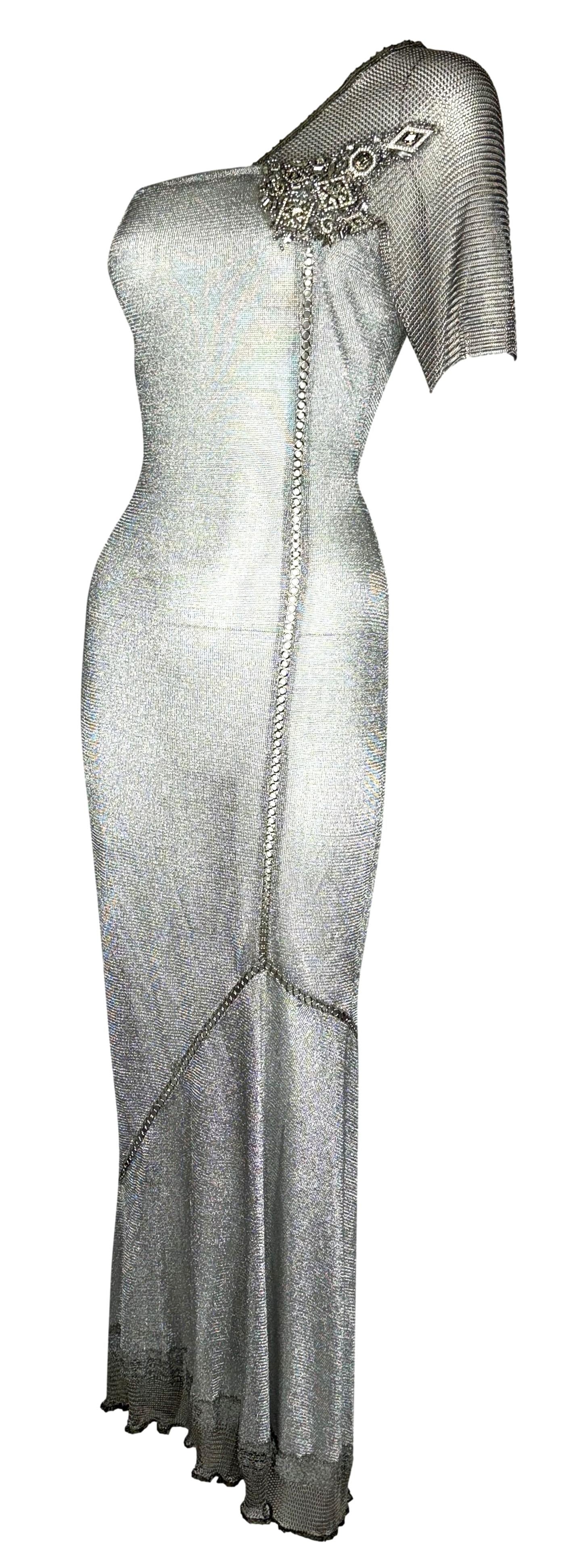 F/W 1998 Gianfranco Ferre Joan of Arc Chainmail Silver Knit Embellished Mermaid Gown Dress