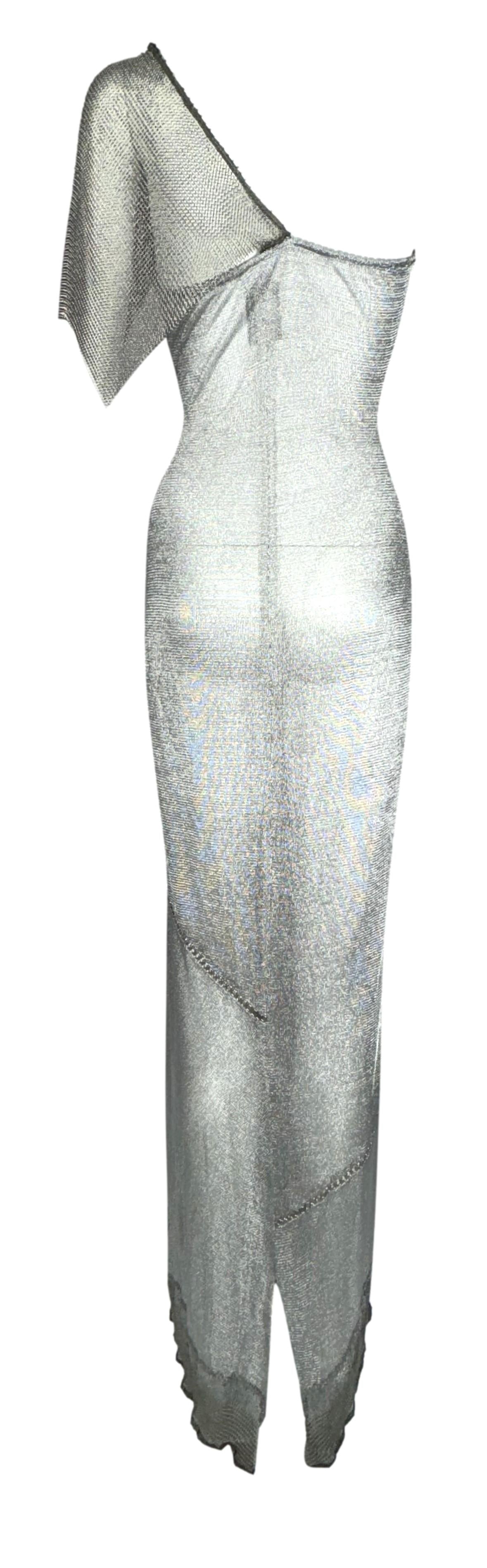 F/W 1998 Gianfranco Ferre Joan of Arc Chainmail Silver Knit Embellished Mermaid Gown Dress