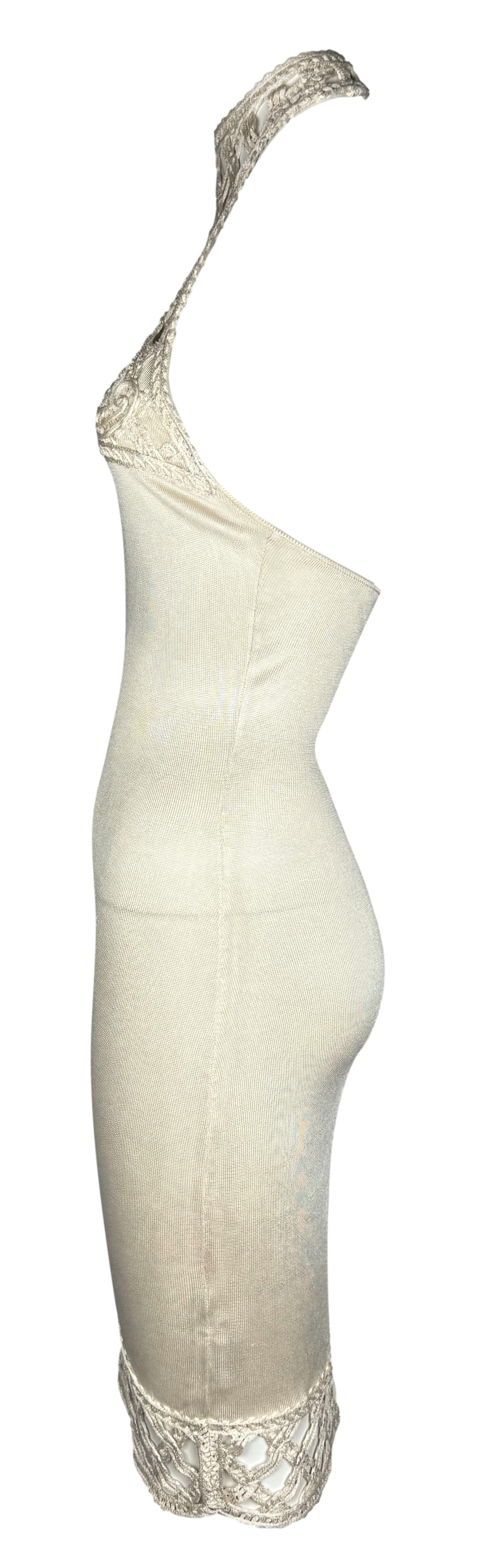 Vintage 1998 Givenchy by Alexander McQueen Sheer Cream Knit High Neck Sleeveless Bodycon Dress