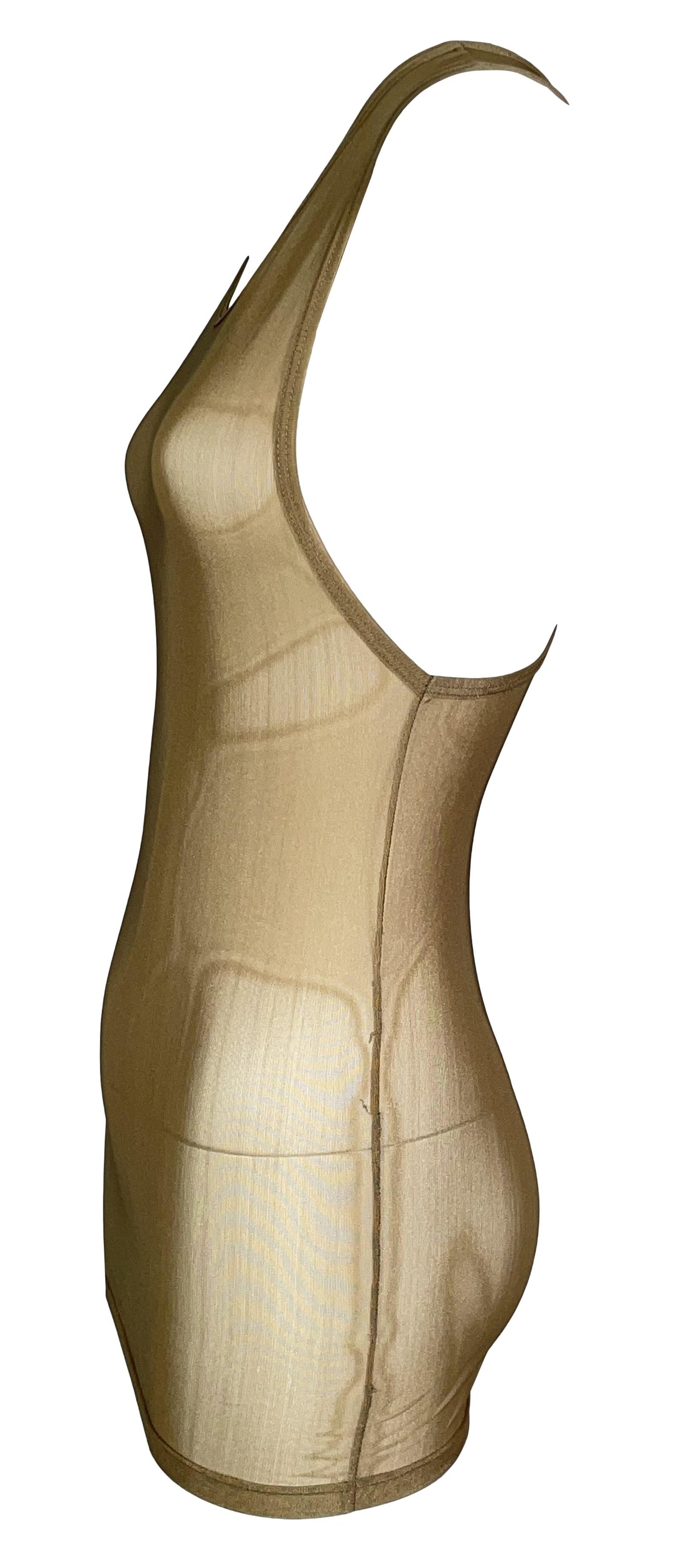 1998 Gucci by Tom Ford Sheer Gold Nylon Mesh Tunic Micro Mini Dress Tank Top