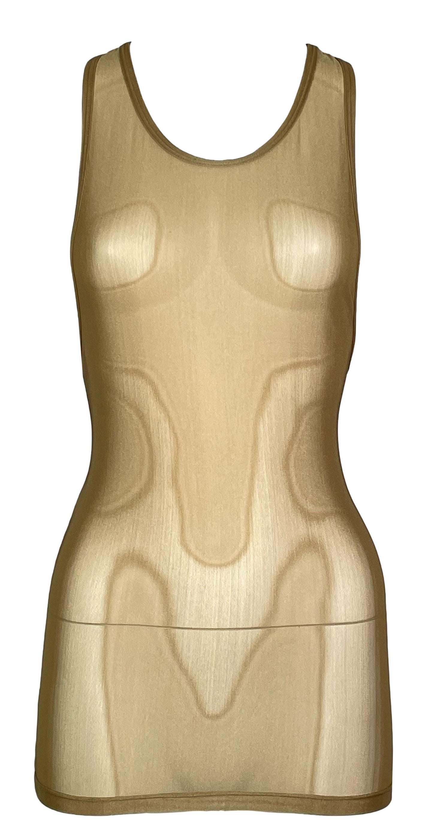 1998 Gucci by Tom Ford Sheer Gold Nylon Mesh Tunic Micro Mini Dress Tank Top