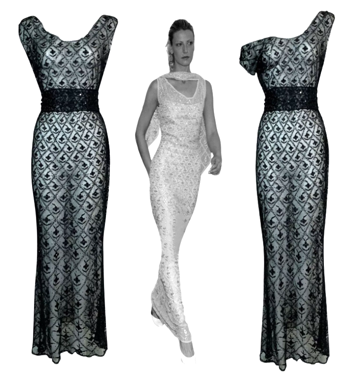 Resort 1998 Christian Dior by John Galliano Runway Old Hollywood Sheer Black Beaded Mermaid Maxi Dress