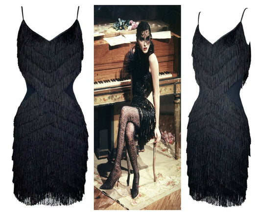 Vintage S/S 1998 Christian Dior by John Galliano 1930's Flapper Style Black Fringe Mini Dress