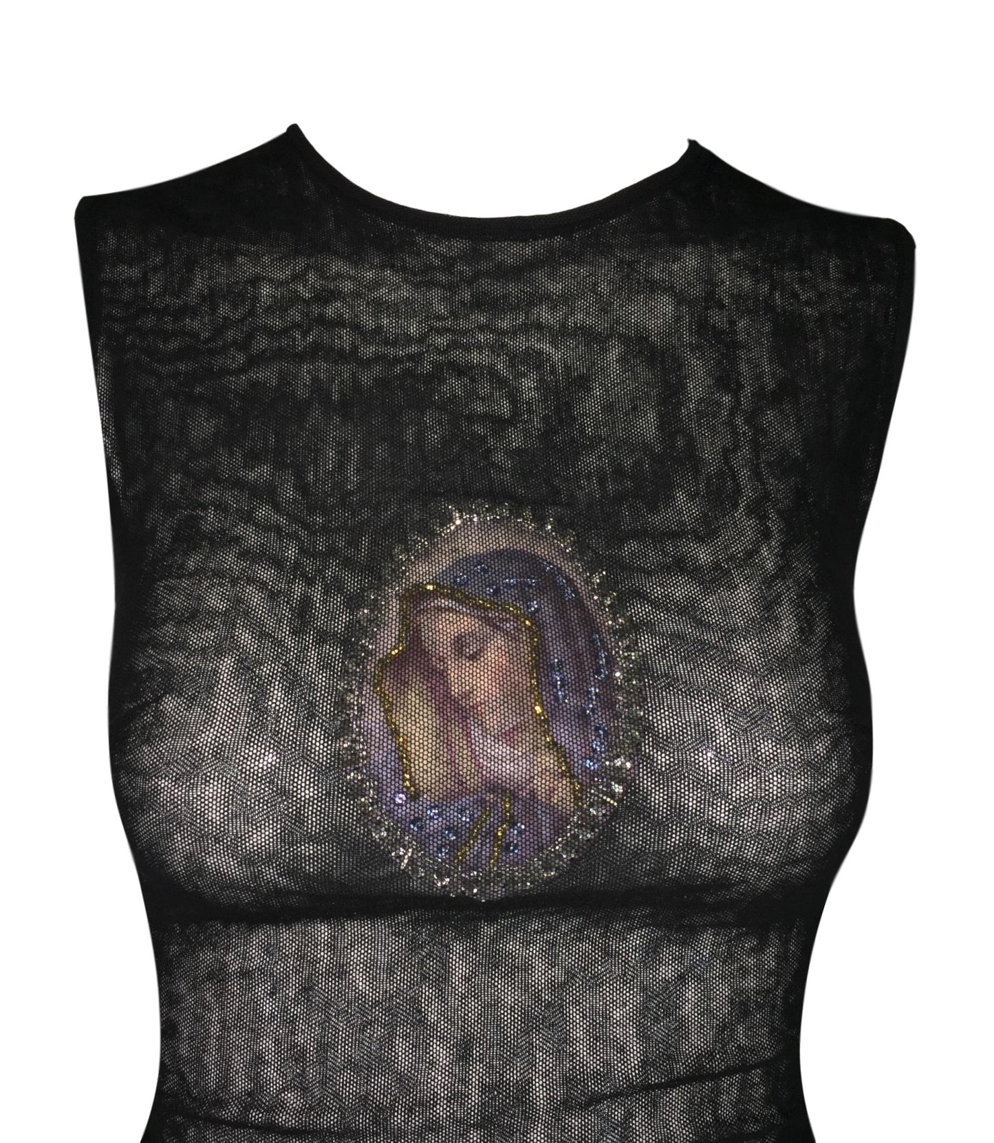 S/S 1998 Dolce & Gabbana Runway Sheer Black Mesh Madonna Mary Crystal Wiggle Maxi Dress