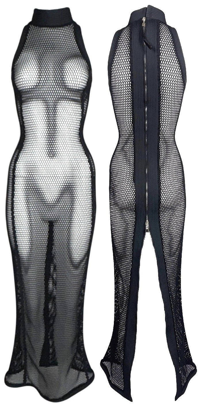 S/S 1998 Gianfranco Ferre Runway Sheer Black Fishnet Mesh Sleeveless High Neck High Back Zipper Slit Wiggle Dress