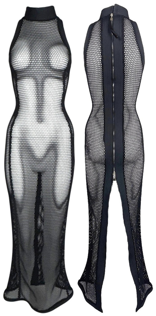 S/S 1998 Gianfranco Ferre Runway Sheer Black Fishnet Mesh Sleeveless High Neck High Back Zipper Slit Wiggle Dress