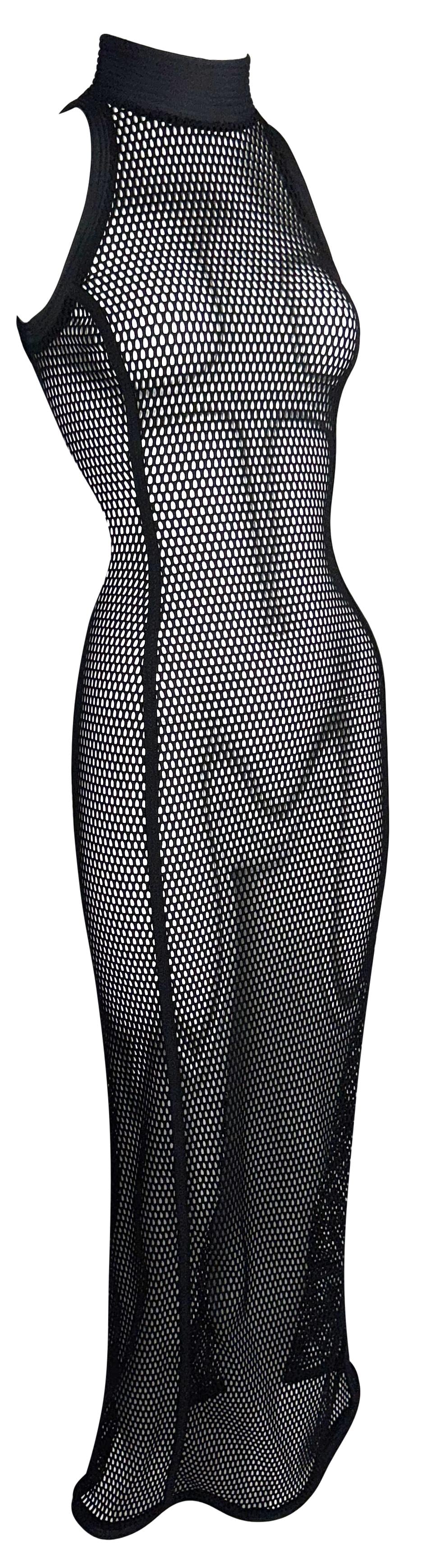 S/S 1998 Gianfranco Ferre Runway Sheer Black Fishnet Mesh Sleeveless High Neck High Back Zipper Slit Wiggle Dress