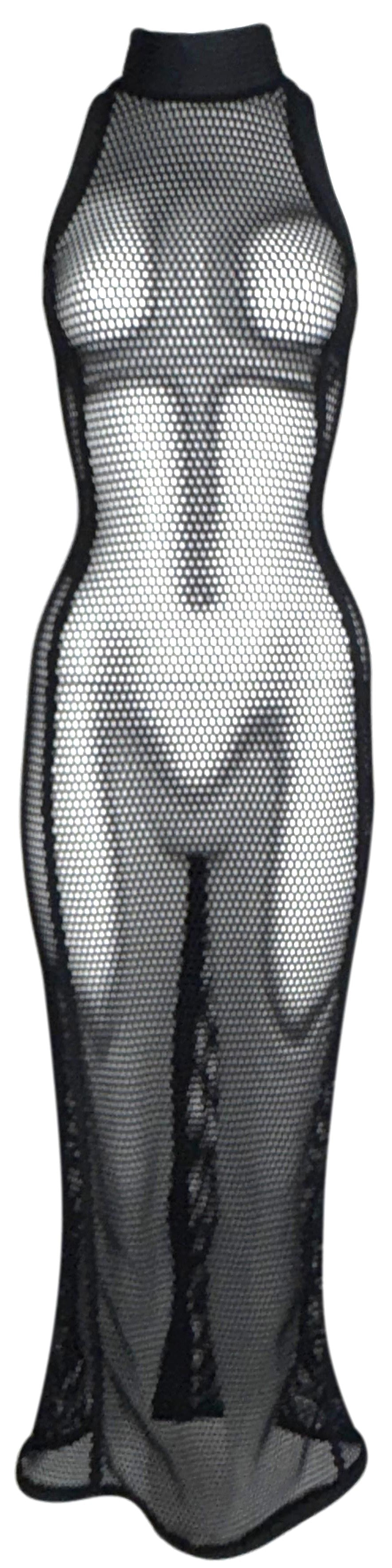 S/S 1998 Gianfranco Ferre Runway Sheer Black Fishnet Mesh Sleeveless High Neck High Back Zipper Slit Wiggle Dress