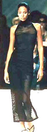 S/S 1998 Gianfranco Ferre Runway Sheer Black Fishnet Mesh Sleeveless High Neck High Back Zipper Slit Wiggle Dress