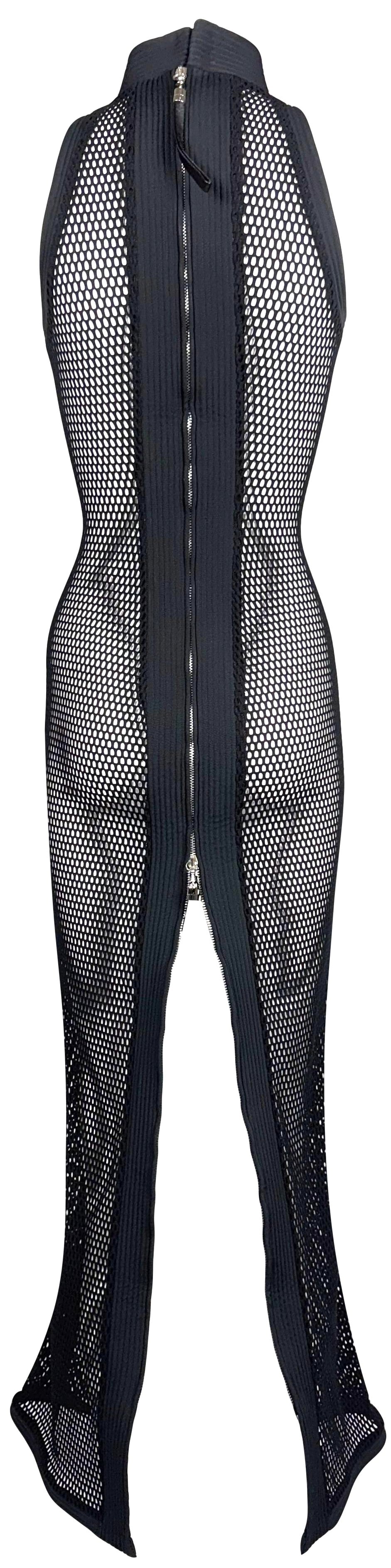 S/S 1998 Gianfranco Ferre Runway Sheer Black Fishnet Mesh Sleeveless High Neck High Back Zipper Slit Wiggle Dress