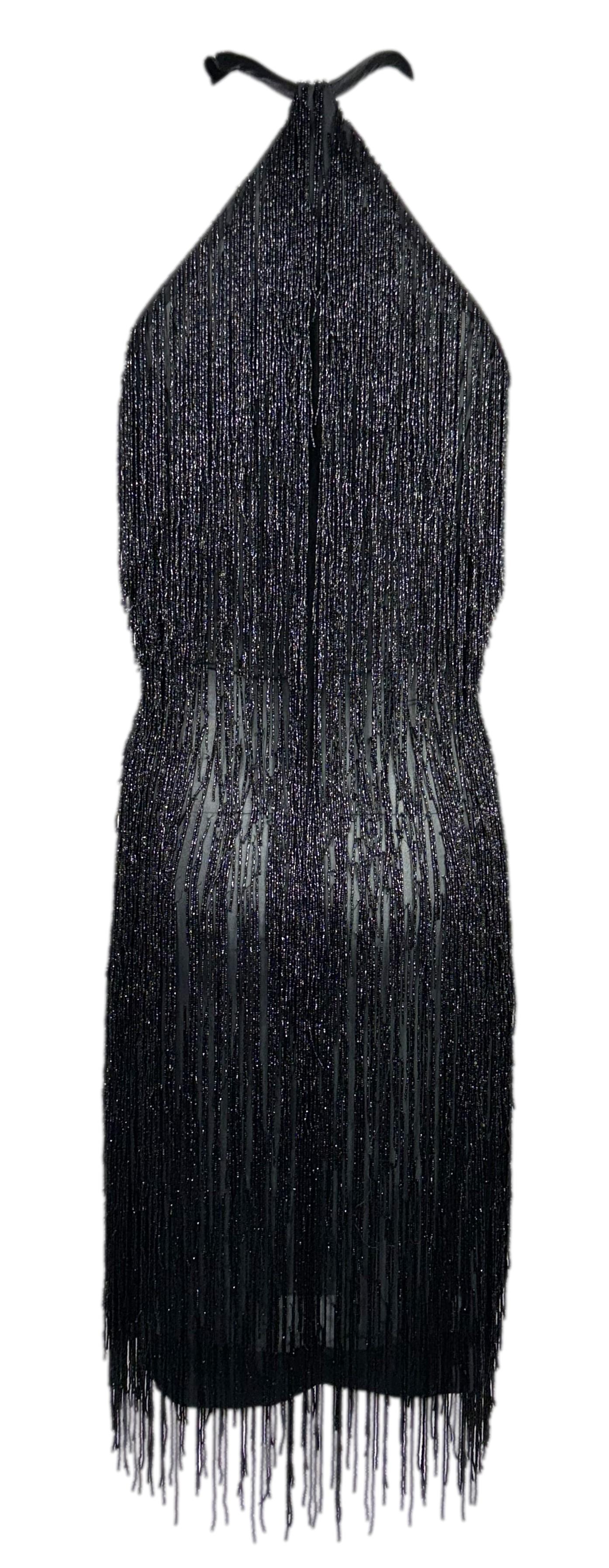S/S 1998 Givenchy by Alexander McQueen Runway Sheer Black Silk Beaded Fringe Mini Dress