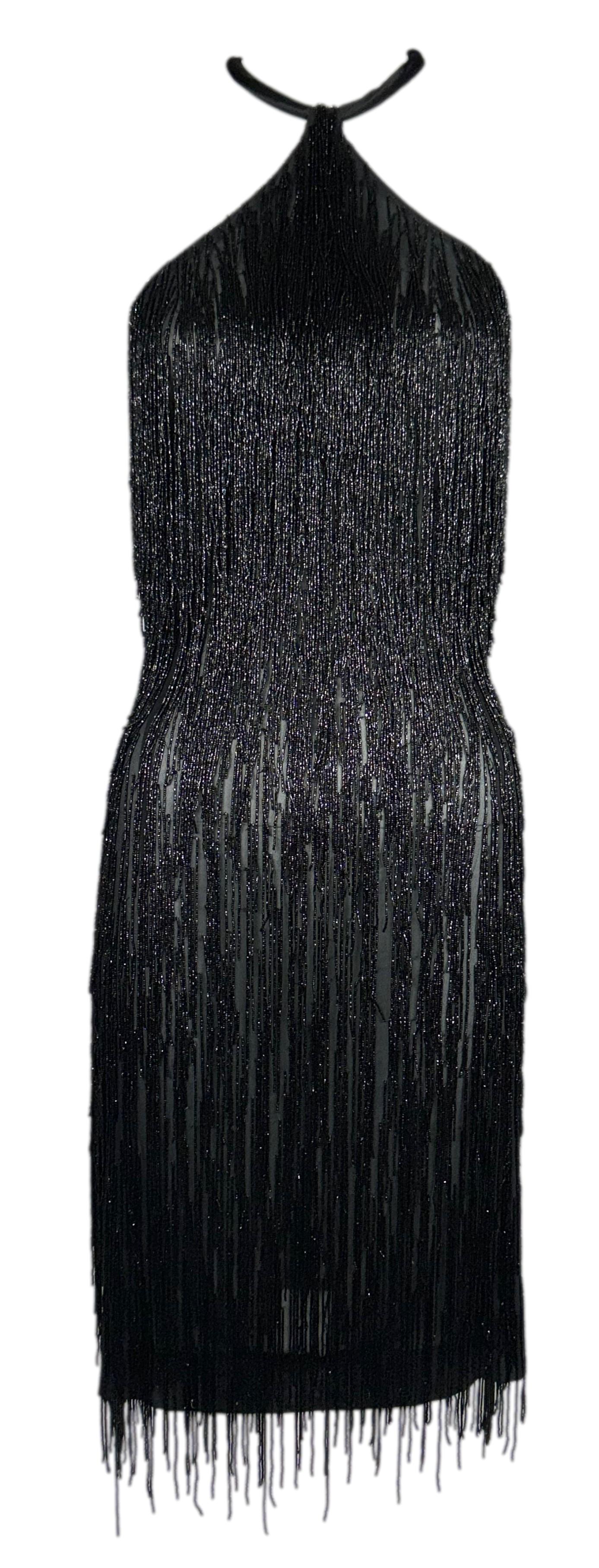 S/S 1998 Givenchy by Alexander McQueen Runway Sheer Black Silk Beaded Fringe Mini Dress