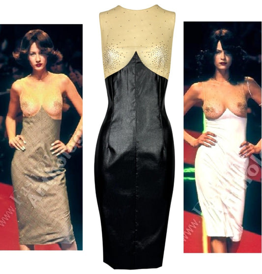 S/S 1998 Givenchy by Alexander McQueen Runway Sheer Nude Mesh Crystal Embellished Black Pencil Dress