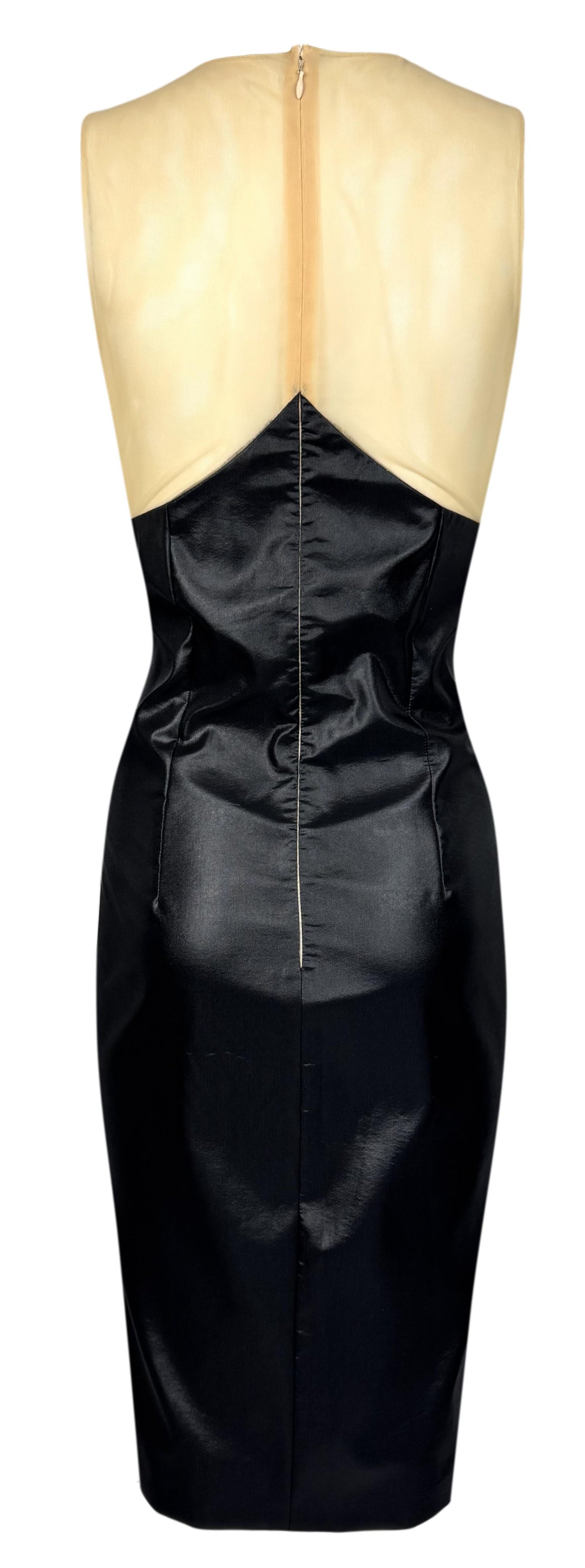 S/S 1998 Givenchy by Alexander McQueen Runway Sheer Nude Mesh Crystal Embellished Black Pencil Dress