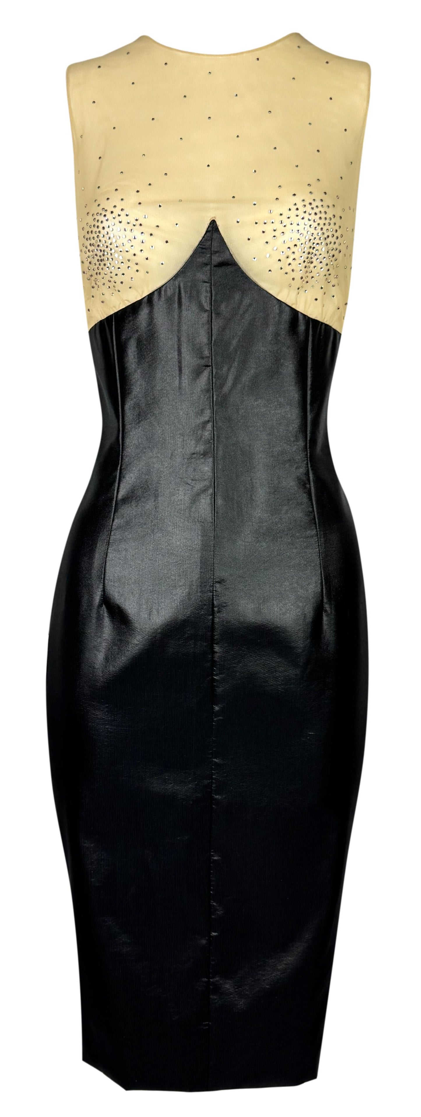 S/S 1998 Givenchy by Alexander McQueen Runway Sheer Nude Mesh Crystal Embellished Black Pencil Dress