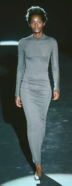 S/S 1998 Gucci by Tom Ford Runway Semi-Sheer Black Bodystocking L/S Wiggle Maxi Dress