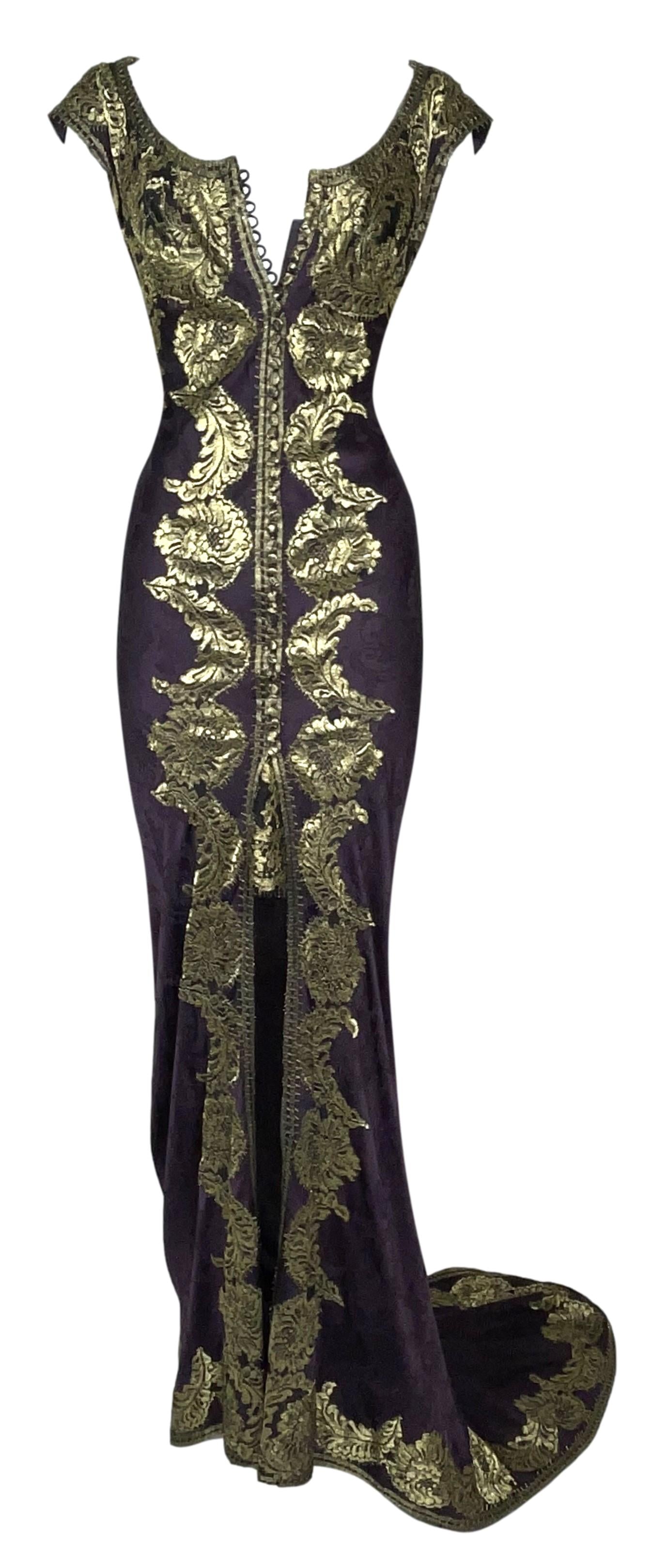 S/S 1998 John Galliano Runway Eggplant & Gold Embroidered Gown Dress w Train