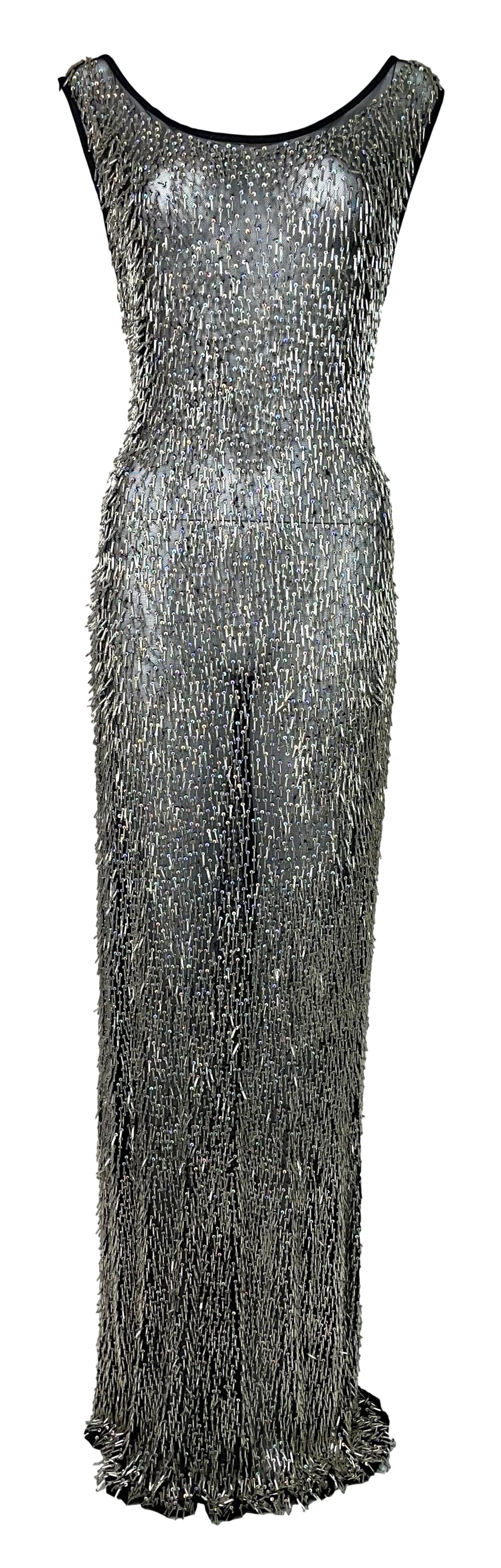 S/S 1998 Todd Oldham Runway Sheer Black Punk Rock Mesh Beaded Extra Long Maxi Dress