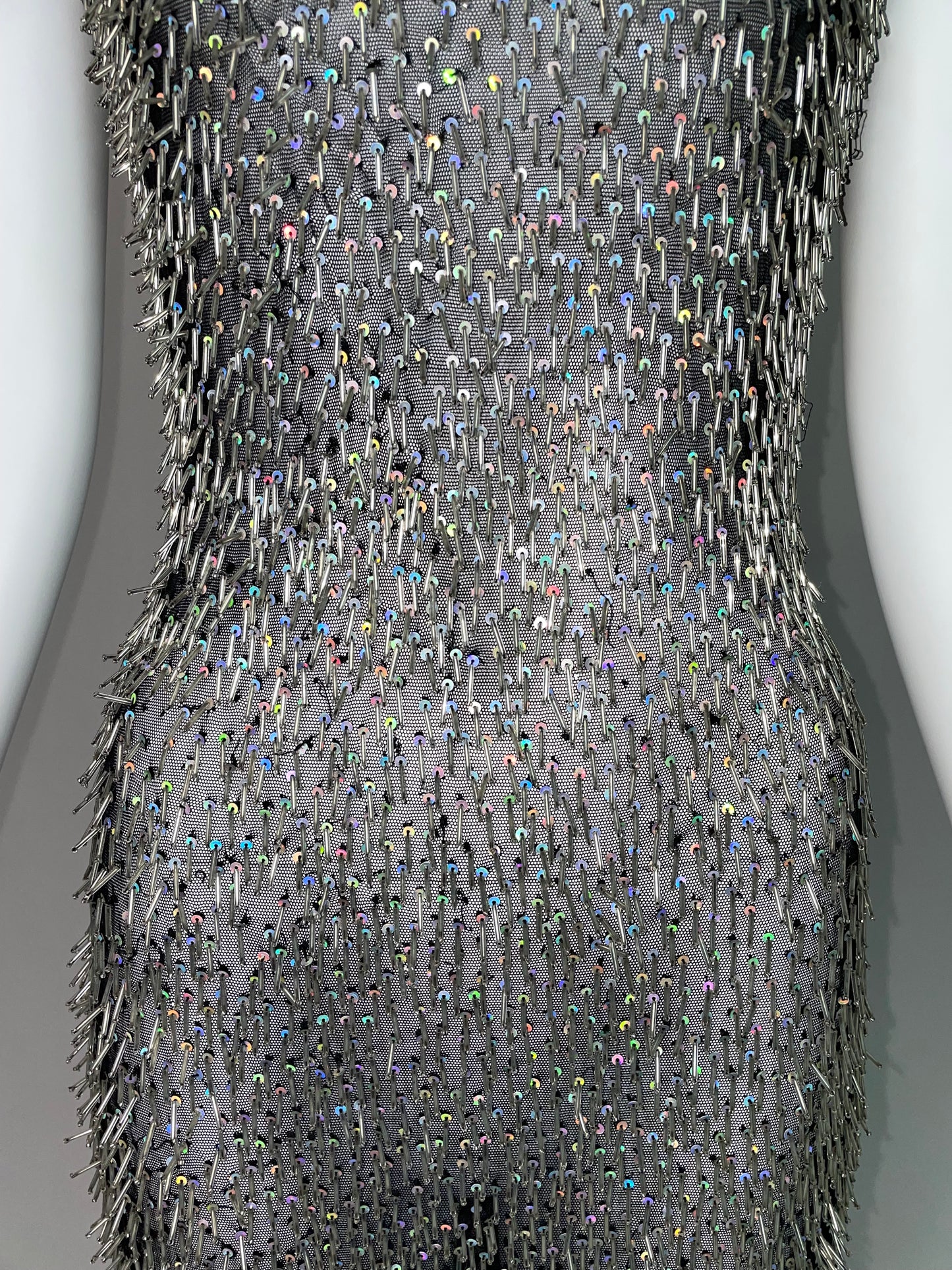 S/S 1998 Todd Oldham Runway Sheer Black Punk Rock Mesh Beaded Extra Long Maxi Dress