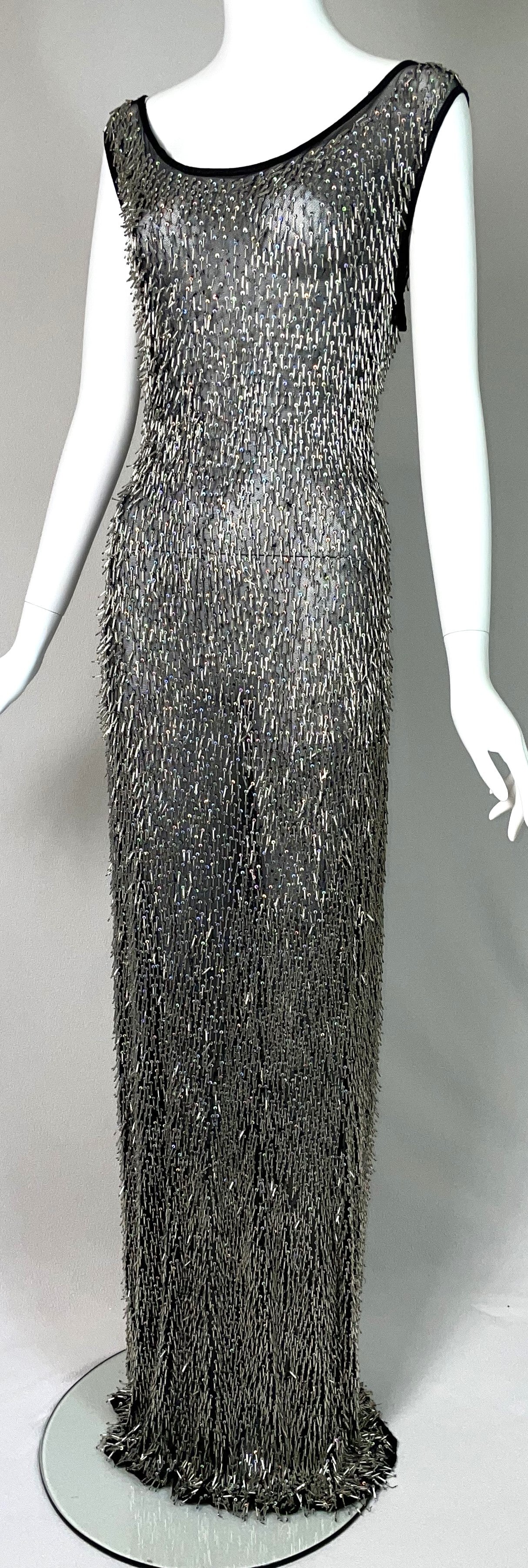 S/S 1998 Todd Oldham Runway Sheer Black Punk Rock Mesh Beaded Extra Long Maxi Dress