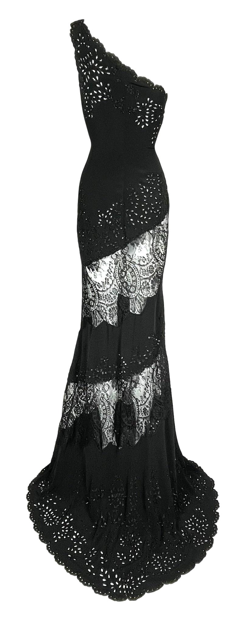 Vintage S/S 1998 Valentino Runway Sheer Black Lace Eyelet One Shoulder Gown Dress