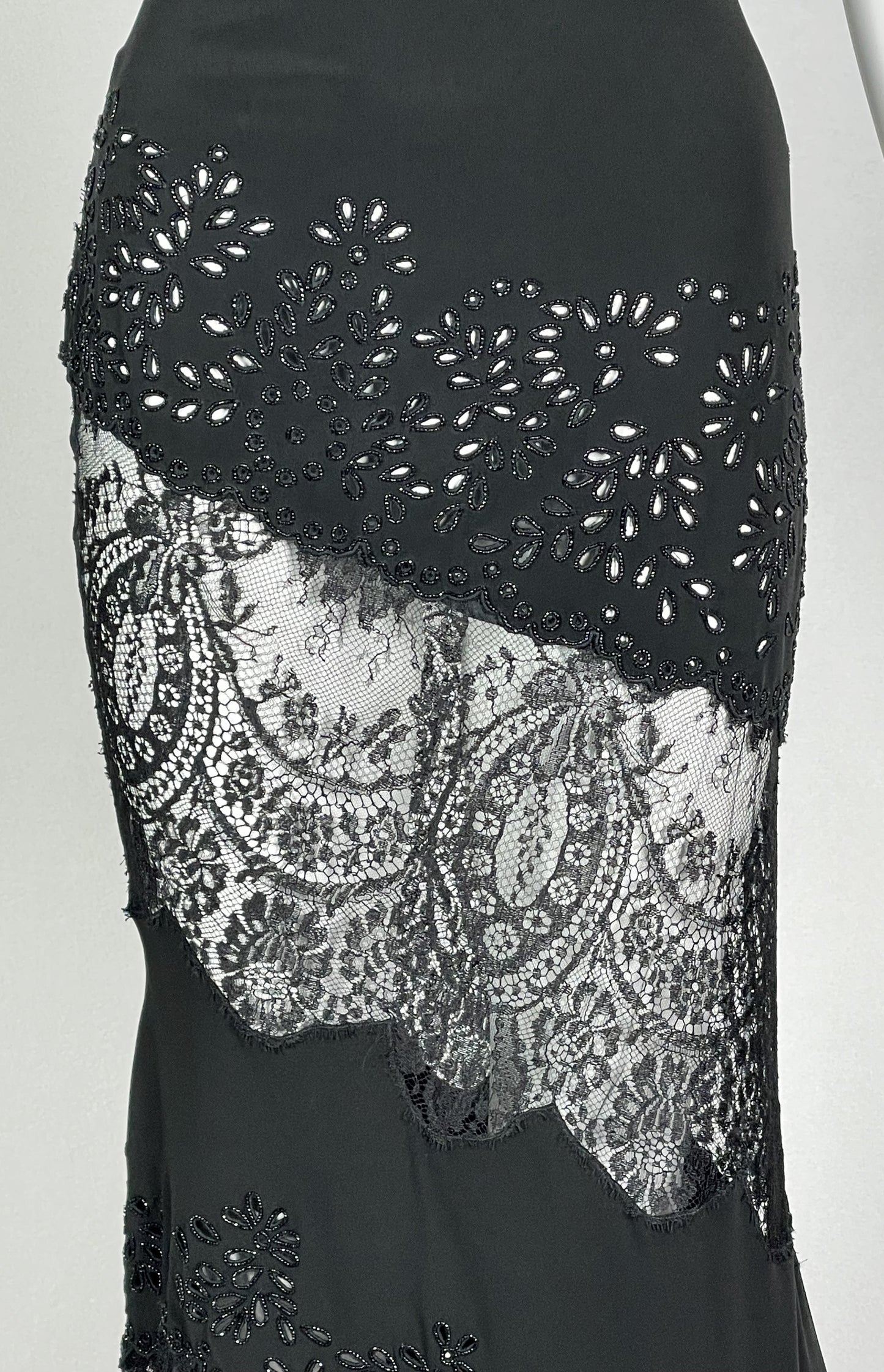 Vintage S/S 1998 Valentino Runway Sheer Black Lace Eyelet One Shoulder Gown Dress