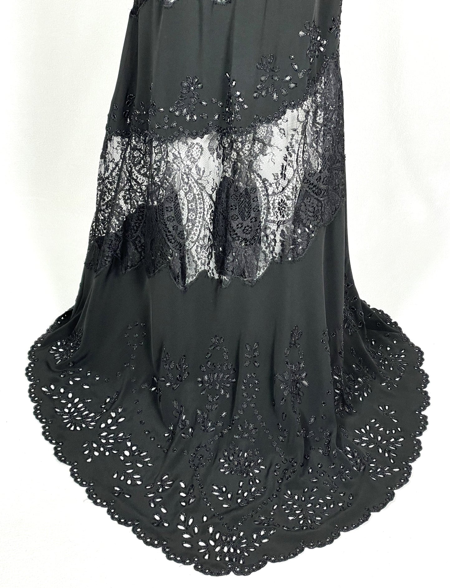 Vintage S/S 1998 Valentino Runway Sheer Black Lace Eyelet One Shoulder Gown Dress